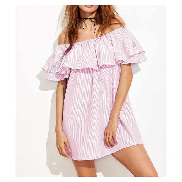 LAST ONE! Pink Striped Off Shoulder Flounce Dress - Picture 2 of 4